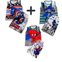 Kit 3 conjuntos Infantil personagem Menino Homem Aranha/Capitão América/Batman - Regatas + Shorts Roupa Natal e Ano Novo