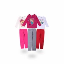 kit 3 Conjuntos Infantis Blusas e Calças Legging Lisas Feminino Roupa de Inverno Meia Estação