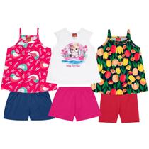 Kit 3 Conjuntos Kyly Menina Infantil Verão Blusa Manga Curta e Short Confortável Moderno