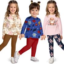 Kit 3 Conjuntos Kyly Menina Meia Estação Blusa Manga Longa e Legging Confortável Sofisticado Moderno