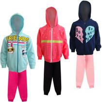 kit 3 Conjuntos Moletom Infantil feminino Blusa e Calça Flanelado Agasalho Inverno Capuz Ziper Punho, Roupa Menina frio criança tamanhos 04 06 08