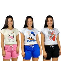 Kit 3 Conjuntos Pijamas Feminino Curto Verão Baby Doll Personagens Snoopy Mônica Pato Donald Kit 3 Conjuntos Pijamas Feminino Curto Verão Baby Doll Personagens Snoopy Mônica Pato Donald