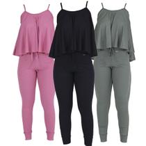 Kit 3 Conjuntos Ribana Blusa Godê Calça com Bolsos