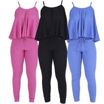 Kit 3 Conjuntos Ribana Blusa Godê Calça com Bolsos