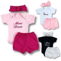 Kit 3 Conjuntos Roupa Bebê Menina Body Manga Curta Bordado e Short Tapa Fralda Blogueira Blogueirinha Diva c23562