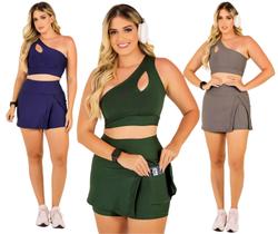 Kit 3 Conjuntos Short Saia e Top Cropped Fitness Moda Evangélica Academia Treino Ginástica Beach Tennis The Start