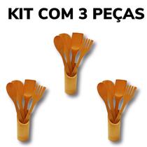 Kit 3 Conjuntos Talheres De Bambu (4 talheres + suporte) Peças Anti Fungos - KCB-06