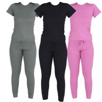 Kit 3 Conjutos Ribana Blusa Manga Curta Calça com Bolsos