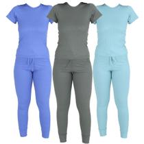 Kit 3 Conjutos Ribana Blusa Manga Curta Calça com Bolsos