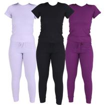 Kit 3 Conjutos Ribana Blusa Manga Curta Calça com Bolsos