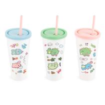 Kit 3 Copo 350ml Plástico Infantil Criança Parque Viagem Canudo Adesivo Passeio Piquenique Escolar