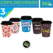 Kit 3 Copo Decorado 360ml Café Bebidas Quente Gelada Tampa