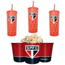 Kit 3 Copos + Balde Pipoca Plástico Vermelho Tampa E Canudo