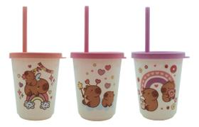 Kit 3 Copos Com Tampa e Canudo Capivara Infantil 300ml