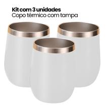Kit 3 COPOS_Copo Térmico Tipo Cuia Com Tampa, 350ml, Parede Dupla Inox, Café, Água, Cerveja, Branco