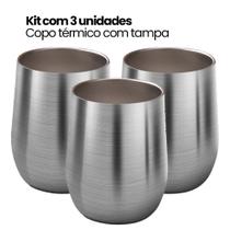 Kit 3 COPOS_Copo Térmico Tipo Cuia Com Tampa, 350ml, Parede Dupla Inox, Café, Água, Cerveja, Inox Kit 3 COPOS_Copo Térmico Tipo Cuia Com Tampa, 350ml, Parede Dupla Inox, Café, Água, Cerveja, Inox