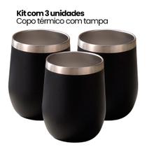 Kit 3 COPOS_Copo Térmico Tipo Cuia Com Tampa, 350ml, Parede Dupla Inox, Café, Água, Cerveja, Preto