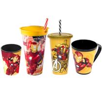 Kit 3 Copos e 1 Caneca Homem de Ferro Iron Man Infantil Plasútil