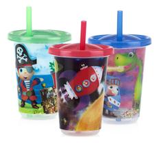 Kit 3 Copos Infantil Decorados Com Canudo Tampa 300ml Desenhos