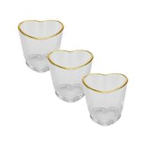 Kit 3 Copos Shot Coração Vidro com Borda Dourada 50ml