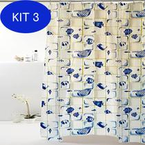 Kit 3 Cortina Box Concha Azul Peva 180X160Cm Bege