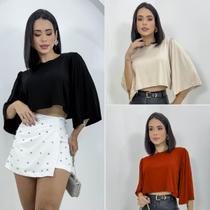 Kit 3 Cropped Blusas Social Manga Flare Viscolycra