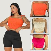 Kit 3 Cropped Ciganinha Feminino Lastex Com Amarração