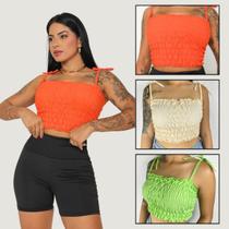 Kit 3 Cropped Ciganinha Feminino Lastex Com Amarração