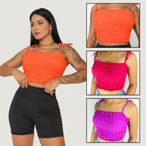 Kit 3 Cropped Ciganinha Feminino Lastex Com Amarração