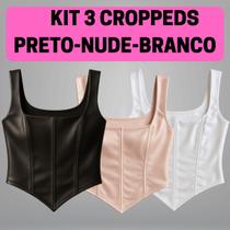 Kit 3 Cropped Corselet Cintilante V com Alças Dazy - Preto Branco e Nude