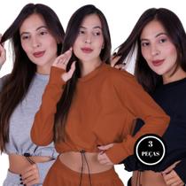 Kit 3 Cropped de Moletom Blusa Moletinho com Regulagem - c13 KIT 3 LOUISE PRETO CINZA CARAMELO