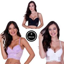 Kit 3 Cropped de Renda Sutiã com Bojo -c11 KIT 3 SUTIÃ LUDMILA LILÁS PRETO BRANCO