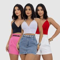 Kit 3 Cropped Feminino De Alcinha Suplex Com Decote Cruzado