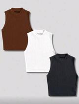 Kit 3 Cropped Gola Alta Canelada Feminina nas cores Preta ,Branca , Marron Modelo em Alta. Kit 3 Cropped Gola Alta Canelada Feminina nas cores Preta ,Branca , Marron Modelo em Alta.