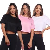 Kit 3 Cropped Manga Curta Mulher Dry Proteção UV Blusa Blusinha Academia Treino
