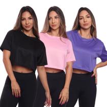 Kit 3 Cropped Manga Curta Mulher Dry Proteção UV Blusa Blusinha Academia Treino