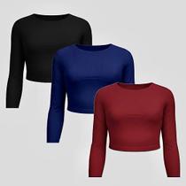 Kit 3 Cropped Manga Longa Blusa Feminina Suplex Compressão -