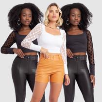 Kit 3 Cropped Top Feminino Canelado Manga Longa Poa Atacado Lançamento Verão Chique