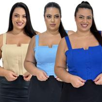 Kit 3 Cropped Top Plus Size Alfaiataria Luxo Com Detalhe Lastex Moda Feminina G1 G2 G3