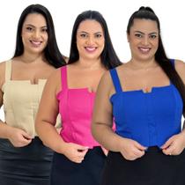 Kit 3 Cropped Top Plus Size Alfaiataria Luxo Com Detalhe Lastex Moda Feminina G1 G2 G3