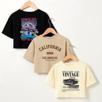 Kit 3 Croppeds Algodão Estampados 1008 Variados Vintages Tumblr 100% Algodão Modinha Soft Ootd Look