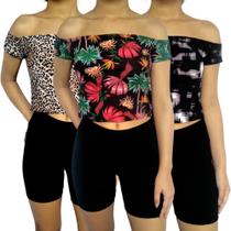 Kit 3 Croppeds Femininos Ciganinha Ombro a Ombro Estampas Sortidas Suplex PP ao Plus Size