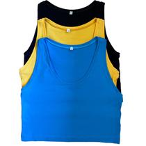 Kit 3 Croppeds Femininos Decote Canoa em Viscolycra Preto Amarelo e Azul