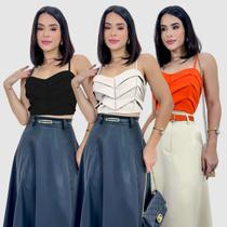 Kit 3 Croppeds Femininos Regata Alfaiataria Moda Verão Elegante Social Camadas Lastex 2025