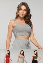 Kit 3 Croppeds Top Faixa Comfy Malha Canelada Mescla, Telha e Verde Salvatore Fashion