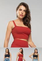 Kit 3 Croppeds Top Faixa Comfy Malha Canelada Telha, Preto e Azul Marinho Salvatore Fashion