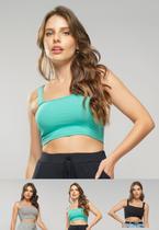Kit 3 Croppeds Top Faixa Comfy Malha Canelada Verde Claro, Mescla e Preto Salvatore Fashion
