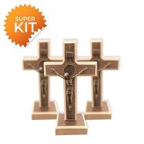 Kit 3 Cruz Crucifixo Mesa Em Madeira 13cm São Bento Atacado