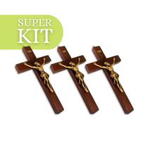Kit 3 Cruz Crucifixo Parede Madeira 15,5cm Atacado Revenda - Divinário