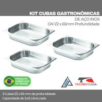 KIT 3 Cubas Gastronomicas GN 1/2 x 65mm Profundidade em Aço Inox
